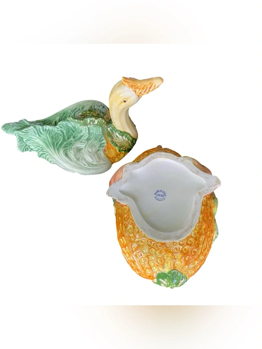 Vintage Vietri Italy Goose Cabbage Tureen Majolica Botanical Kitsch